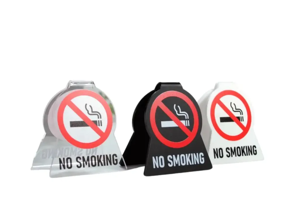 Letrero acrílico de "No fumar" para mesa: blanco, negro mate o transparente