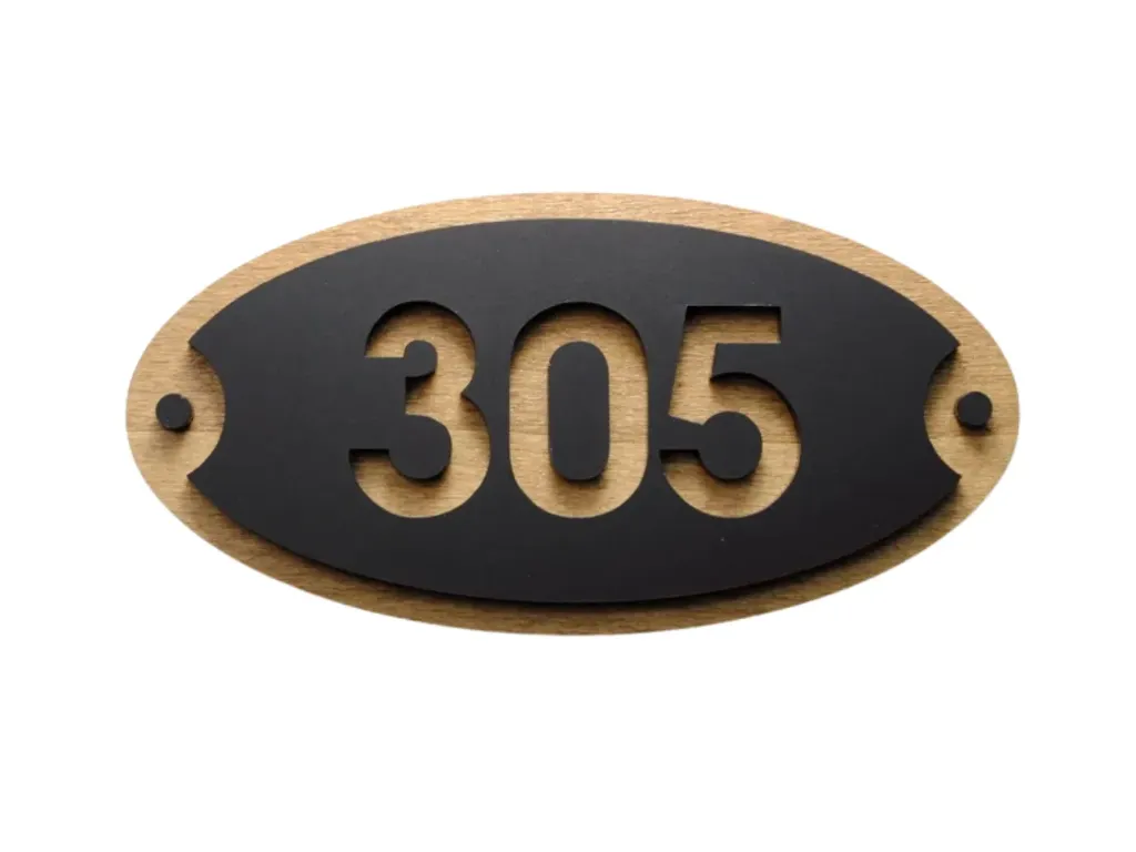 Letrero ovalado de madera y acrílico para número de habitación: señalización para puertas