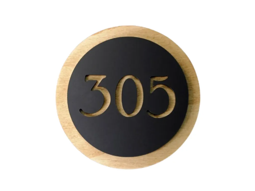 Letrero redondo de madera y acrílico para número de habitación - Señalización para puerta de apartamento de hotel